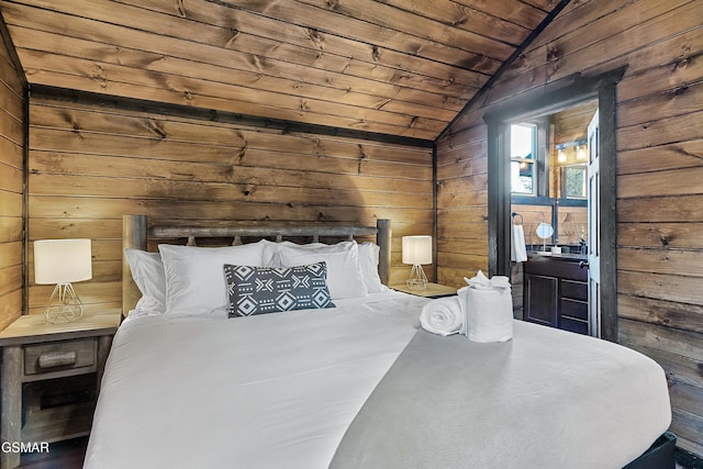 bedroom with lofted ceiling, wood ceiling, and wooden walls