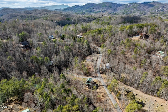 bird's eye view with a forest view and a mountain view