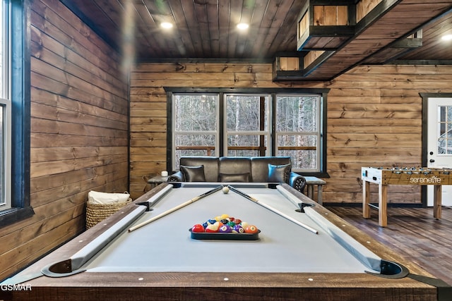 game room with wood ceiling, billiards, wooden walls, and wood finished floors