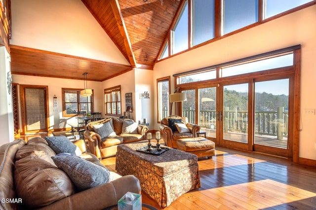 living room featuring french doors, high vaulted ceiling, wooden ceiling, and wood-type flooring