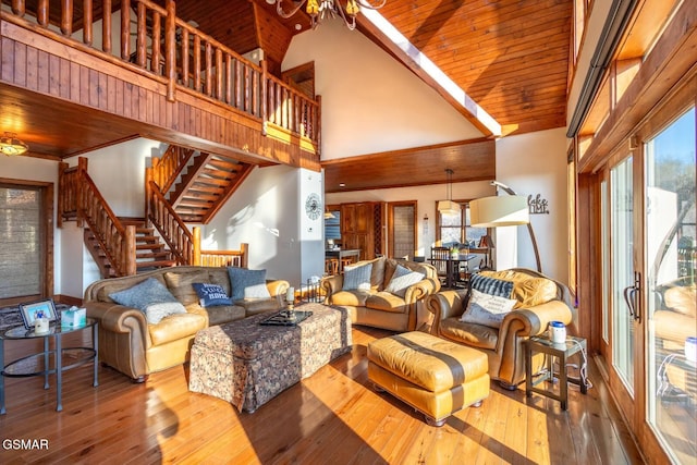 living room featuring wood-type flooring, high vaulted ceiling, and wood ceiling