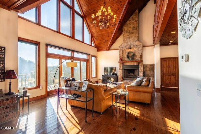 living room featuring a notable chandelier, hardwood / wood-style flooring, high vaulted ceiling, and wooden ceiling