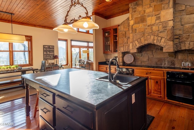 kitchen with sink, decorative light fixtures, oven, and a kitchen island with sink