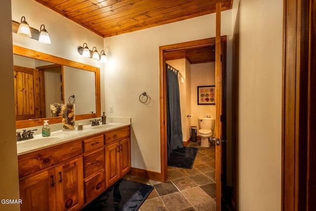 bathroom featuring wooden ceiling, toilet, and vanity