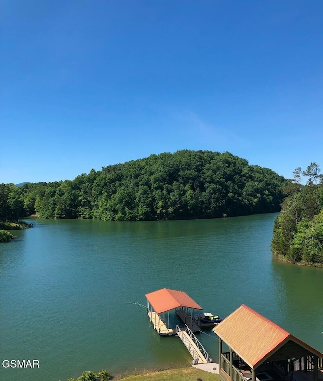 view of dock with a water view