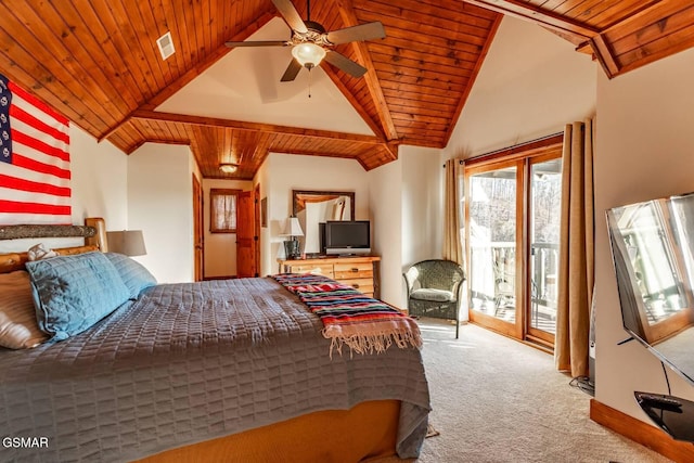 bedroom with ceiling fan, wooden ceiling, access to outside, and light carpet