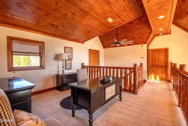 carpeted office space featuring wood ceiling and vaulted ceiling