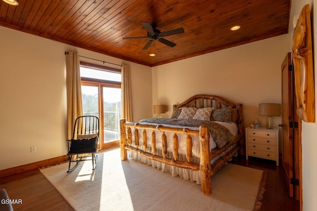 bedroom featuring wood-type flooring, wooden ceiling, ceiling fan, and access to outside