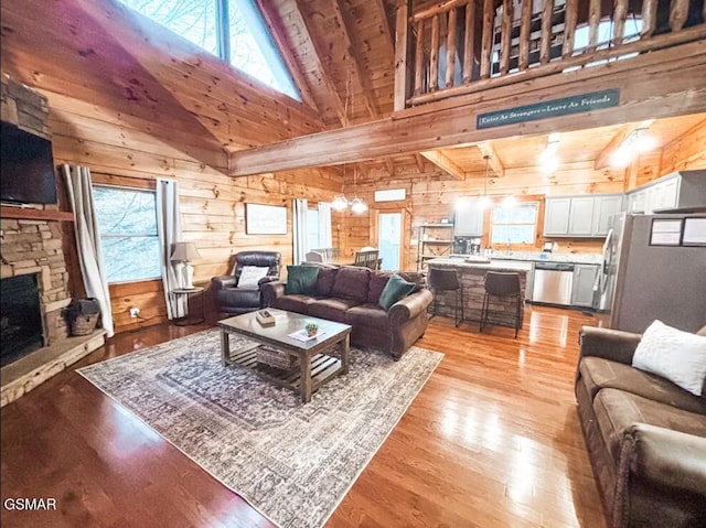 2430 Cobbler Way, Pigeon Forge, TN 37863 - living room with wood walls, light wood-type flooring, a wooden ceiling with exposed beams, high vaulted ceiling, and a stone fireplace
