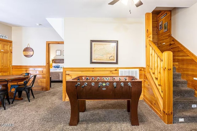 2430 Cobbler Way, Pigeon Forge, TN 37863 - playroom with carpet flooring, wainscoting, a ceiling fan, and wooden walls
