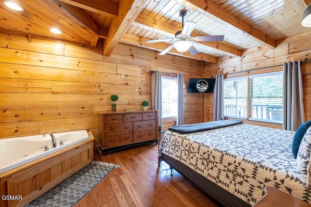 2430 Cobbler Way, Pigeon Forge, TN 37863 - bedroom with a wooden ceiling with exposed beams, wood walls, wood-type flooring, recessed lighting, and ceiling fan