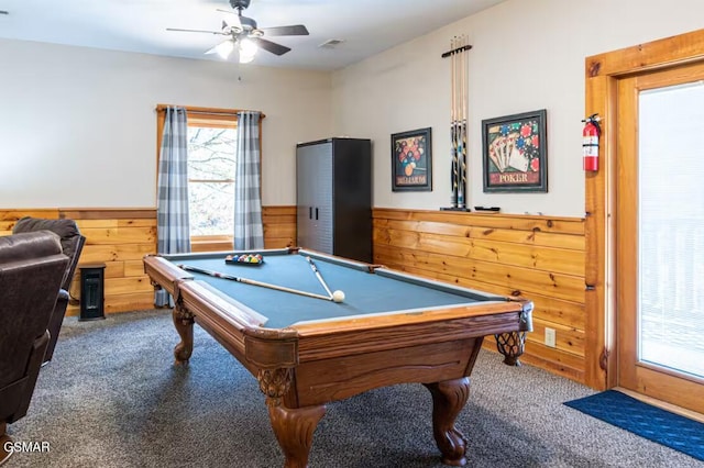 2430 Cobbler Way, Pigeon Forge, TN 37863 - game room with carpet floors, a ceiling fan, wainscoting, billiards, and wooden walls
