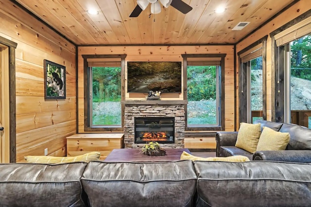 living room with wood ceiling and wooden walls