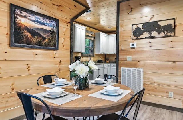 dining area with light hardwood / wood-style floors, wood walls, and wood ceiling