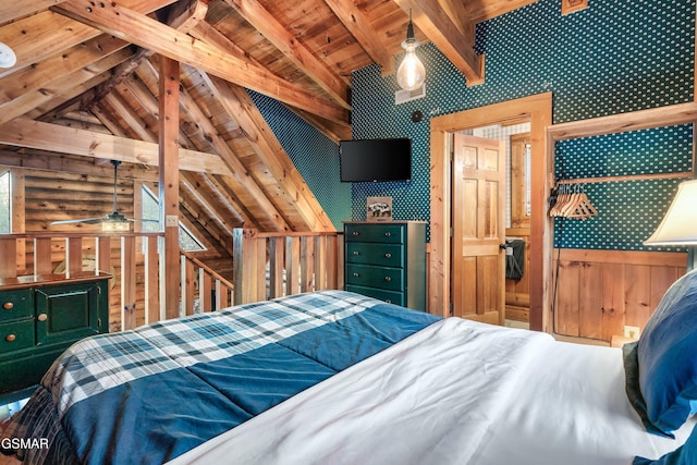 unfurnished bedroom featuring wooden walls, lofted ceiling with beams, wood ceiling, and log walls