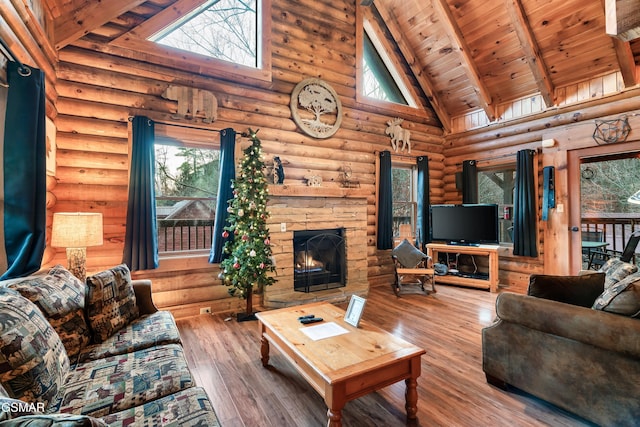 living room with log walls, wood-type flooring, high vaulted ceiling, and beamed ceiling