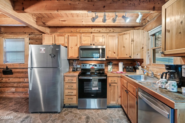 kitchen featuring beam ceiling, sink, wood walls, wood ceiling, and appliances with stainless steel finishes