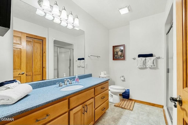 full bath featuring vanity, visible vents, a stall shower, tile patterned floors, and toilet