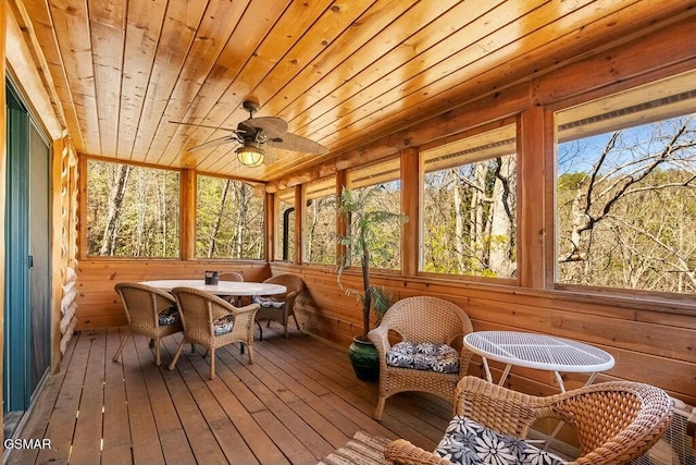 sunroom featuring wooden ceiling and a ceiling fan