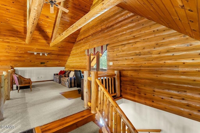 bonus room with wooden ceiling, vaulted ceiling with beams, carpet, and log walls