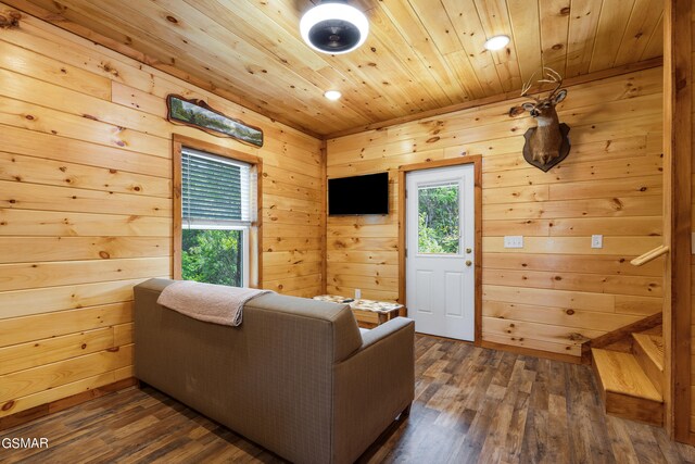 living room with wooden walls, wood ceiling, and dark hardwood / wood-style floors