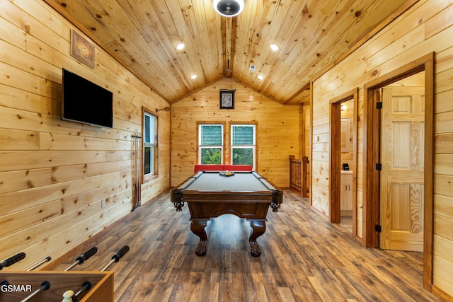 recreation room featuring dark hardwood / wood-style floors, wood walls, lofted ceiling, and billiards