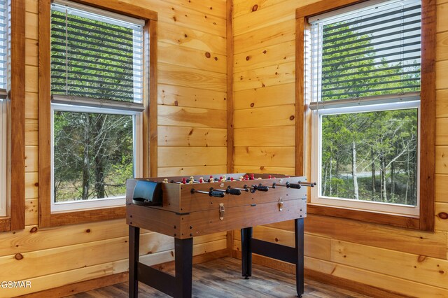 playroom with hardwood / wood-style floors, a wealth of natural light, and wooden walls