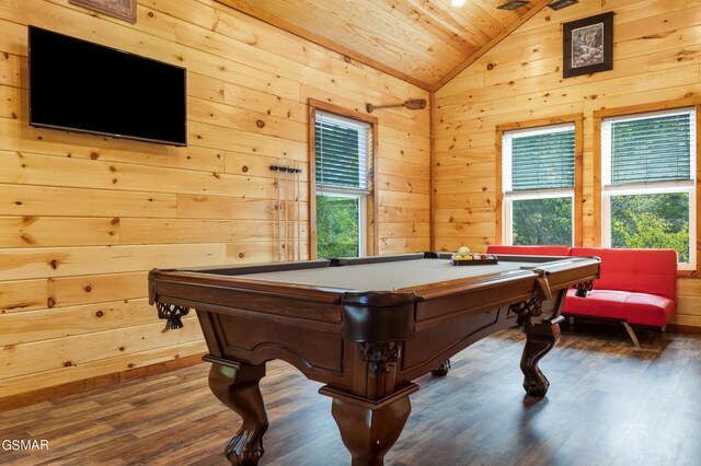 game room with wooden walls, wood ceiling, and billiards