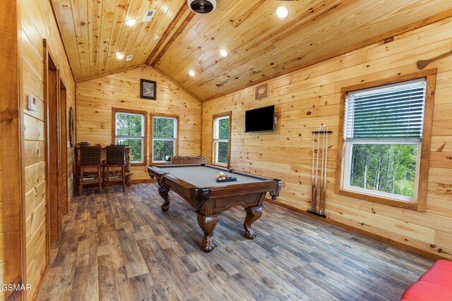 game room with a wealth of natural light, wooden ceiling, dark wood-type flooring, wood walls, and pool table