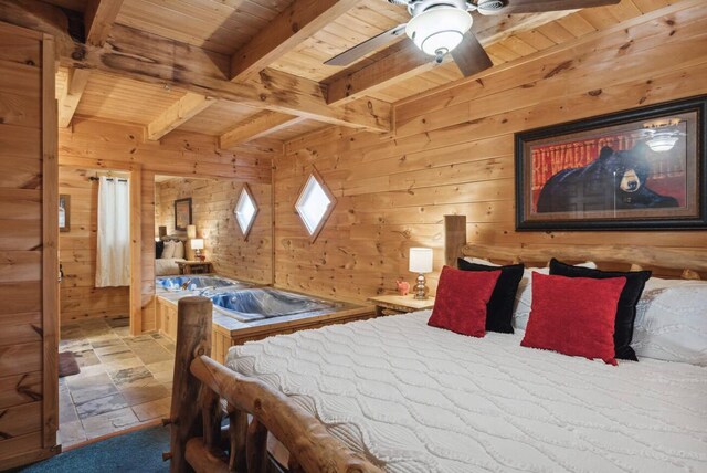 bedroom featuring wood walls, beamed ceiling, wood ceiling, and ceiling fan