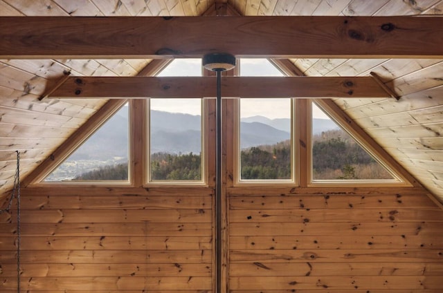 interior details featuring a mountain view, beam ceiling, wood ceiling, and wooden walls