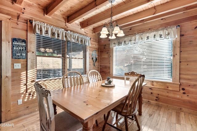 dining area with light wood-type flooring, wood ceiling, wooden walls, beamed ceiling, and a chandelier