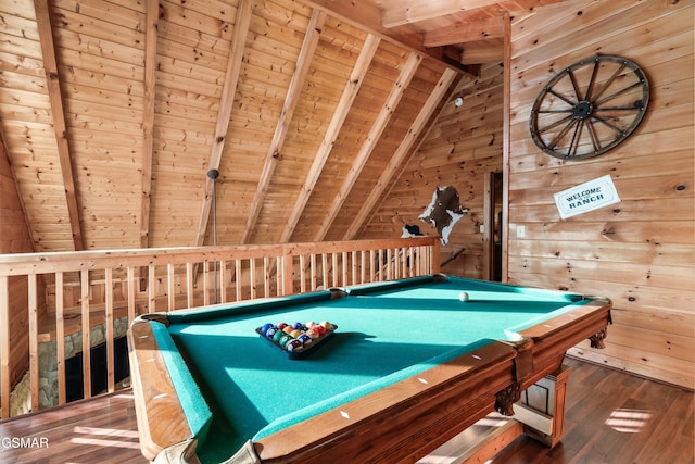 playroom featuring hardwood / wood-style floors, wood walls, wooden ceiling, lofted ceiling with beams, and pool table