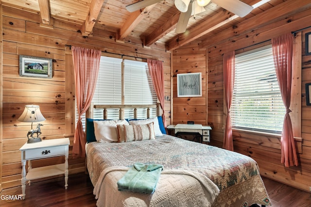 bedroom with wood walls, dark wood-type flooring, beamed ceiling, and wood ceiling