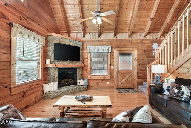 living room with wood ceiling, ceiling fan, wooden walls, vaulted ceiling with beams, and a stone fireplace