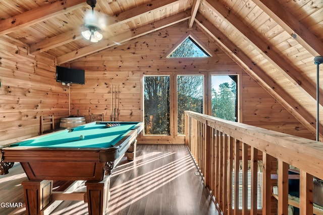 playroom featuring lofted ceiling with beams, dark hardwood / wood-style floors, wood walls, wood ceiling, and pool table