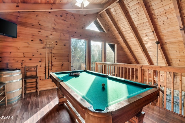 recreation room featuring wooden ceiling, vaulted ceiling with beams, dark hardwood / wood-style flooring, billiards, and wooden walls