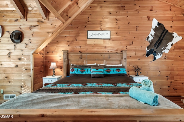 unfurnished bedroom featuring lofted ceiling with beams, wood ceiling, and wood walls