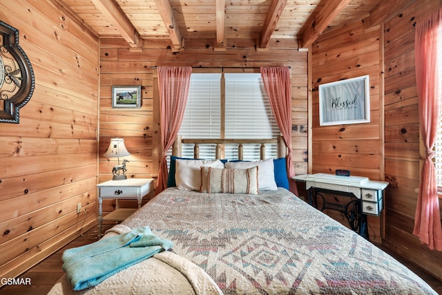 bedroom featuring beamed ceiling, wood ceiling, and wooden walls