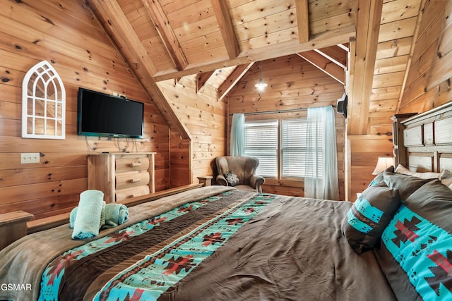 unfurnished bedroom with vaulted ceiling with beams, wood ceiling, and wooden walls