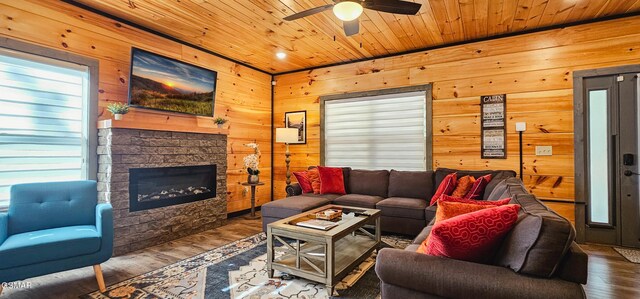 1531 Bear Valley Rd, Sevierville, TN 37876 - living area featuring hardwood / wood-style flooring, plenty of natural light, wooden walls, wood ceiling, and ceiling fan
