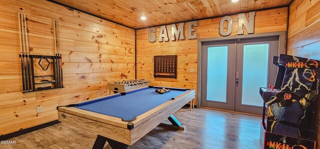 1531 Bear Valley Rd, Sevierville, TN 37876 - rec room with french doors, wooden ceiling, wood walls, billiards, and wood finished floors