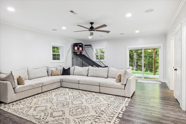 living room with ceiling fan, wood-type flooring, and crown molding