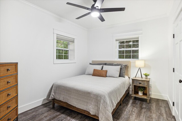 bedroom featuring multiple windows, ceiling fan, crown molding, and dark hardwood / wood-style floors