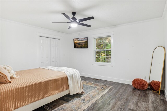 bedroom featuring a closet, dark wood-type flooring, ceiling fan, and ornamental molding