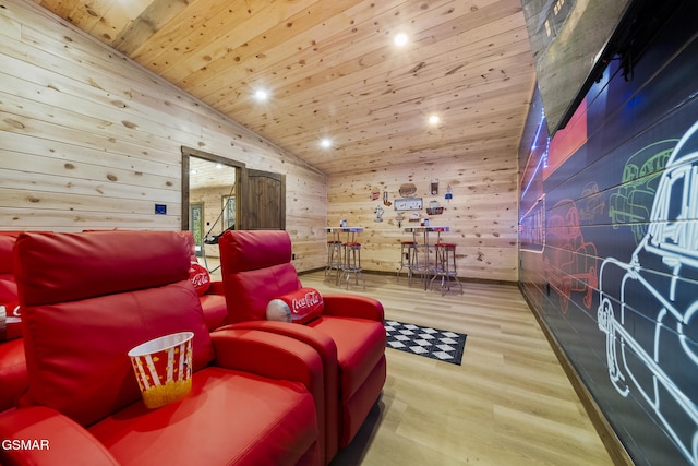 living area featuring wood walls, recessed lighting, wooden ceiling, wood finished floors, and high vaulted ceiling