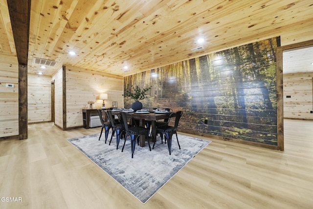 dining space with visible vents, wooden walls, wood ceiling, and wood finished floors