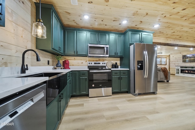 kitchen with light wood-style floors, appliances with stainless steel finishes, wood walls, light countertops, and wood ceiling