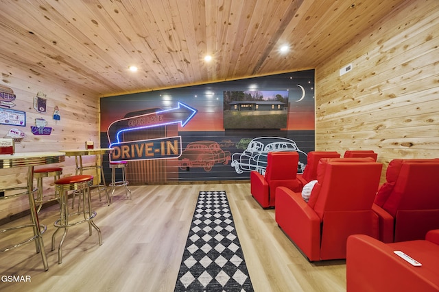 recreation room with wooden ceiling, wooden walls, recessed lighting, and wood finished floors