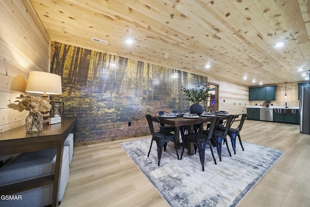 dining room featuring recessed lighting, visible vents, light wood-style floors, and wood ceiling